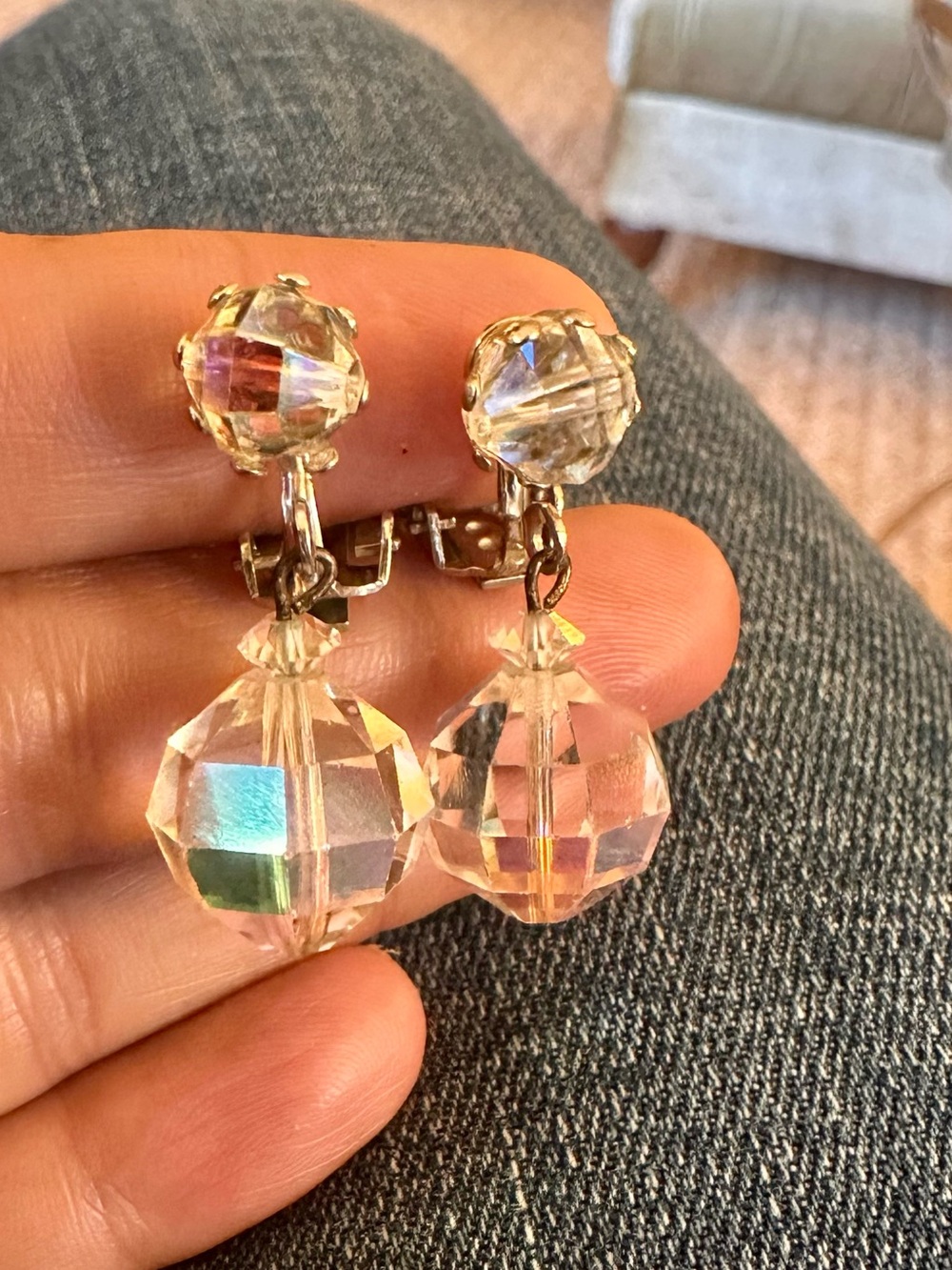 Crystal Drop Clip-On Earrings - Clear Iridescent